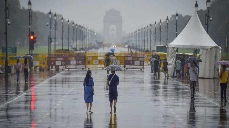 दिल्ली में हल्के बादलों और धुंध के बीच सड़क दृश्य