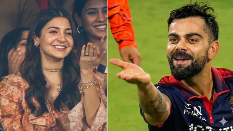 विराट कोहली मैच जीतने के बाद स्टेडियम में बैठी अनुष्का शर्मा की ओर फ्लाइंग किस करते हुए
