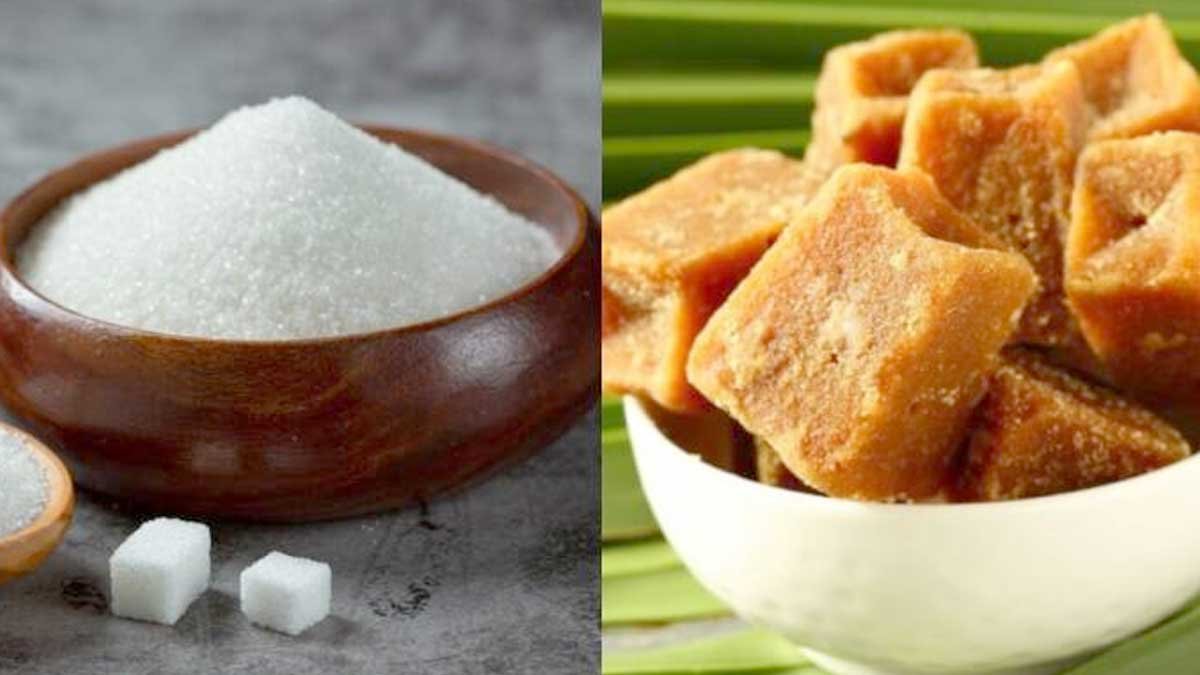 गुड़ और चीनी की तुलना करते हुए तस्वीर