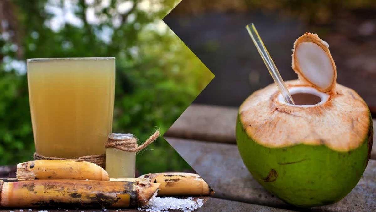 नारियल पानी और गन्ने का रस गर्मी में ताजगी देते हुए