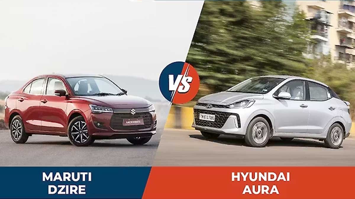 Hyundai Aura और Maruti Suzuki Dzire कॉम्पैक्ट सेडान कारें।