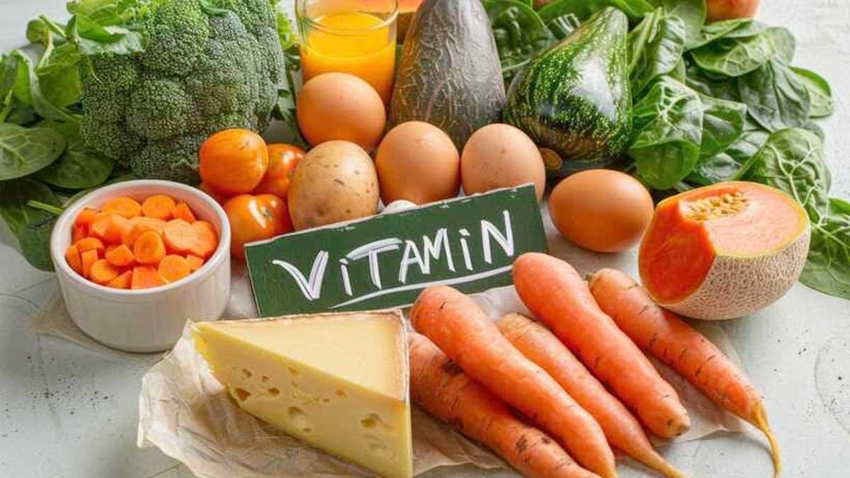धूप में व्यायाम करते लोग और Vitamin D युक्त आहार।
