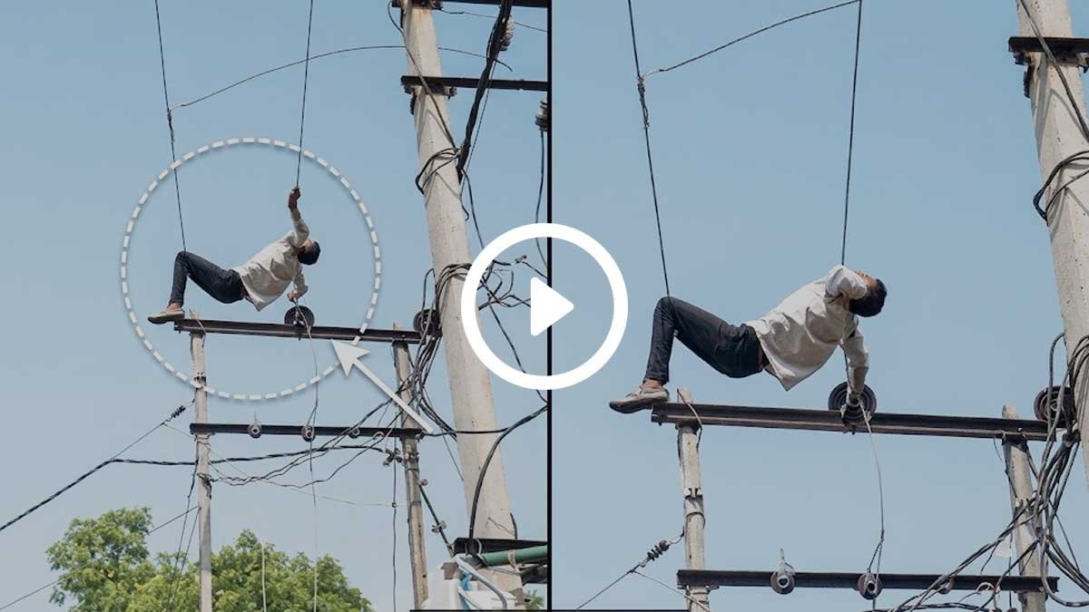 viral video maharajganj man resting on 11000 volt electric pole